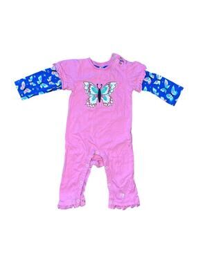 Hatley Baby Butterfly One-Piece Romper Size 3-6M Pink Blue Long Sleeve